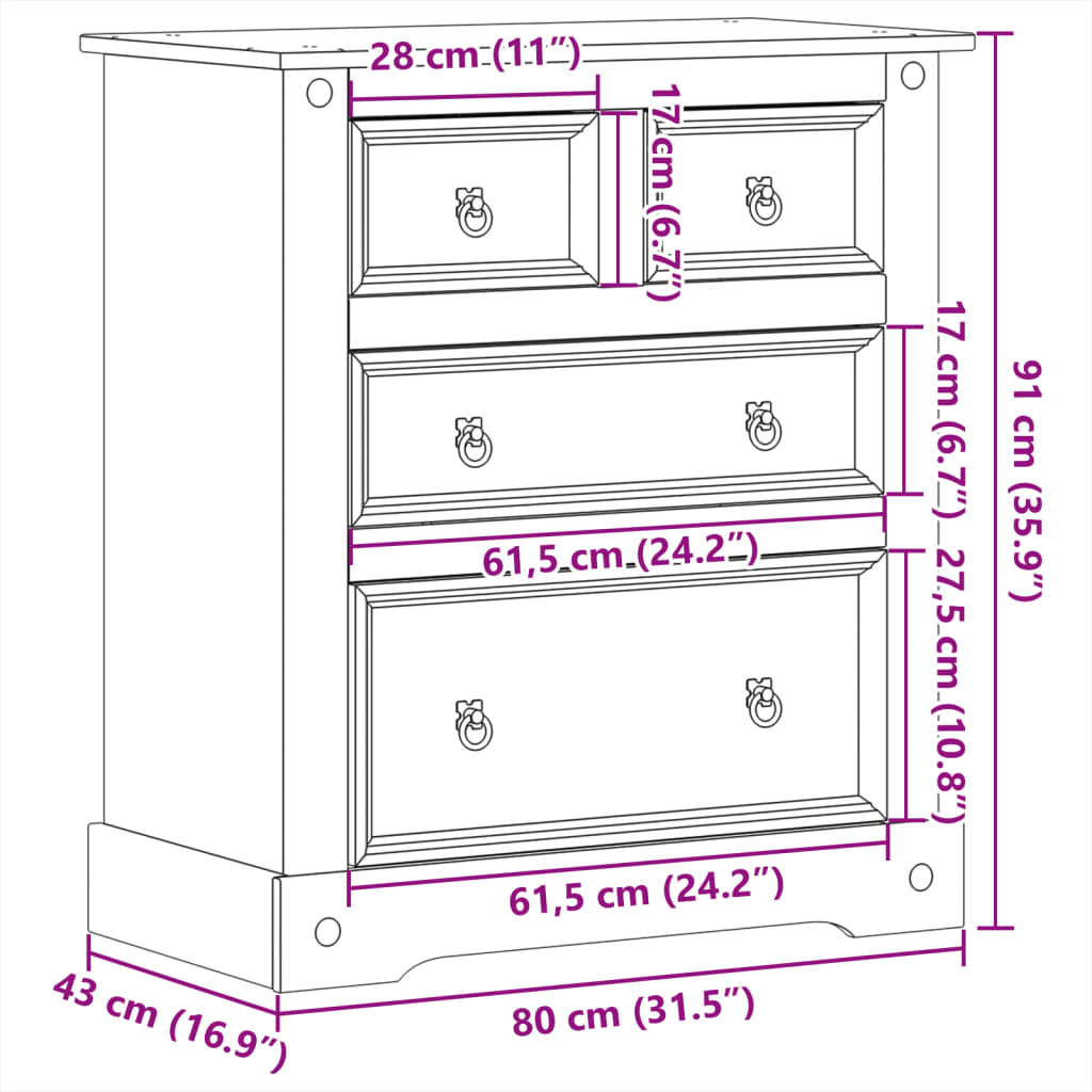 Kommode Corona 80X43X91 Cm Massivt Fyrretræ