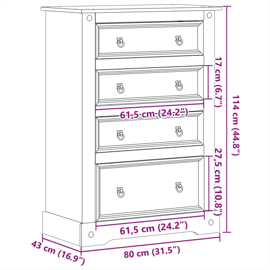 Kommode Corona 80X43X114 Cm Massivt Fyrretræ