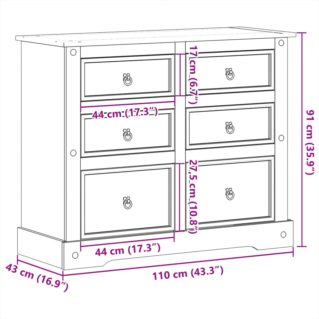 Kommode Corona 110X43X91 Cm Massivt Fyrretræ