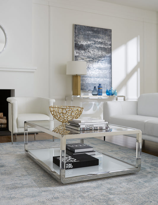 Jasper Rectangular Coffee Table in Acrylic, White Glass and Polished Stainless Steel