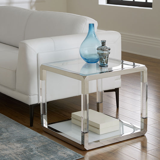 Jasper Side Table in Acrylic, White Glass and Polished Stainless Steel