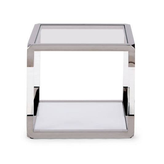 Jasper Side Table in Acrylic, White Glass and Polished Stainless Steel
