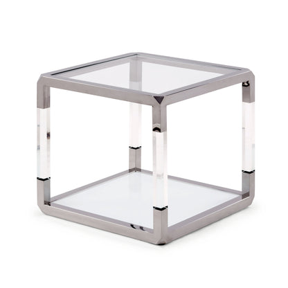 Jasper Side Table in Acrylic, White Glass and Polished Stainless Steel