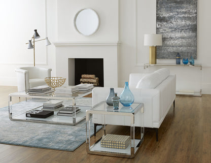 Jasper Side Table in Acrylic, White Glass and Polished Stainless Steel