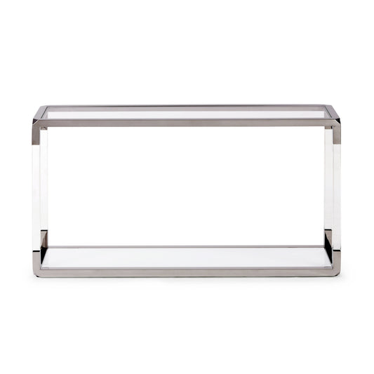 Jasper Console Table in Acrylic, White Glass and Polished Stainless Steel