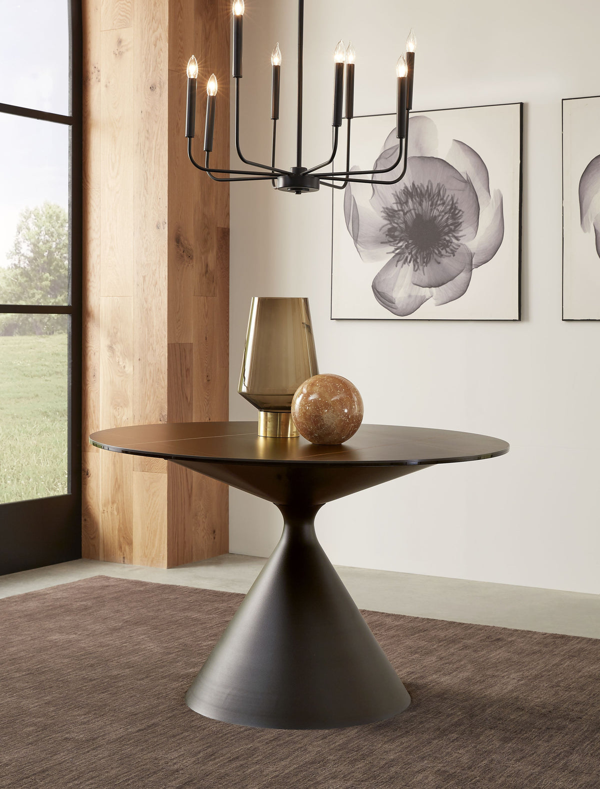 Winston Round Dining Table with Stone Tabletop and Metal Frame in Black