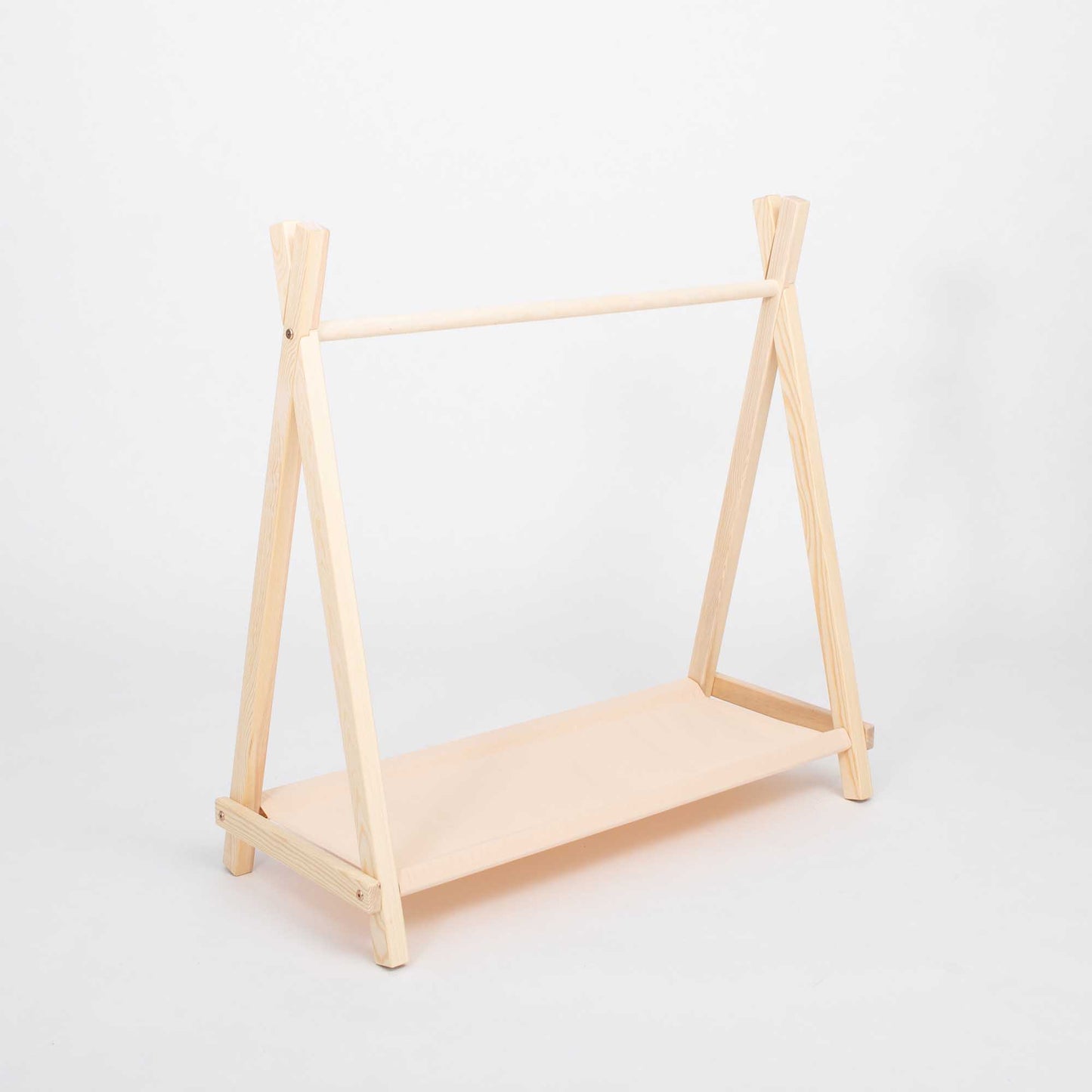Kids' teepee clothing rack with storage - birch wood & beige