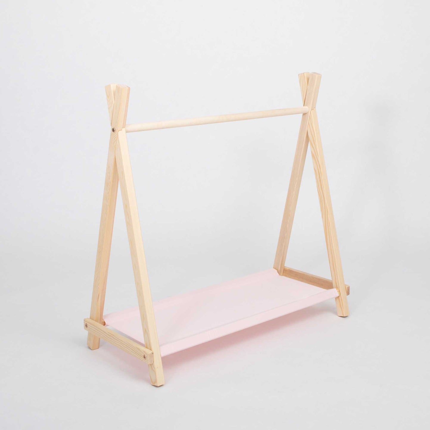 Kids' teepee clothing rack with storage - pine wood & pink