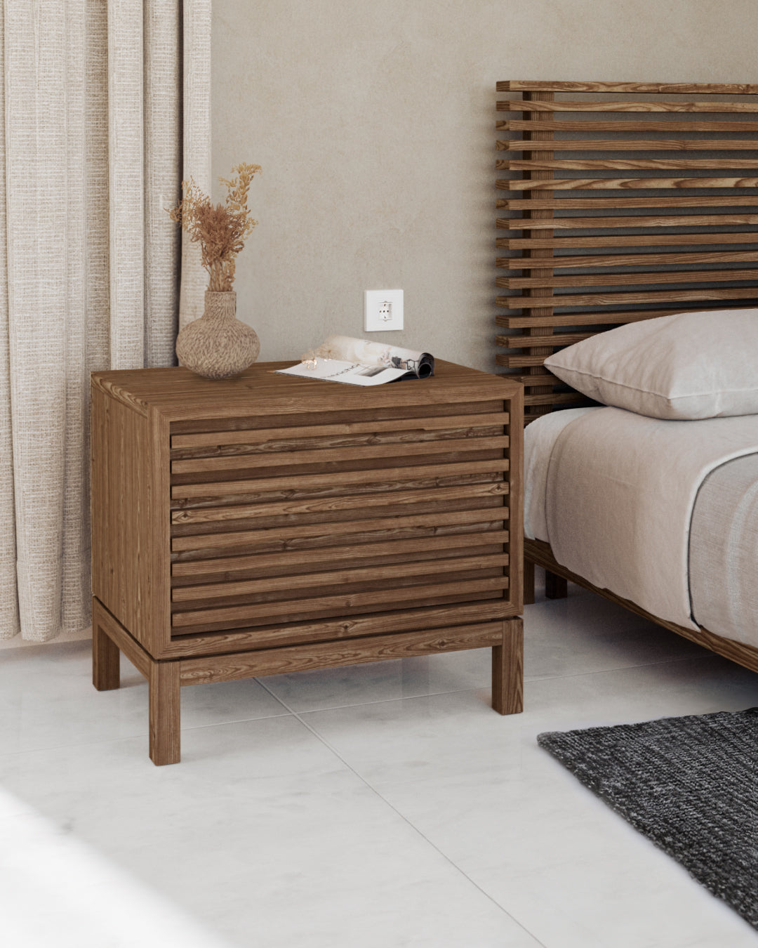 Tanner Nightstand with Two Drawers in Ash Wood, Roux