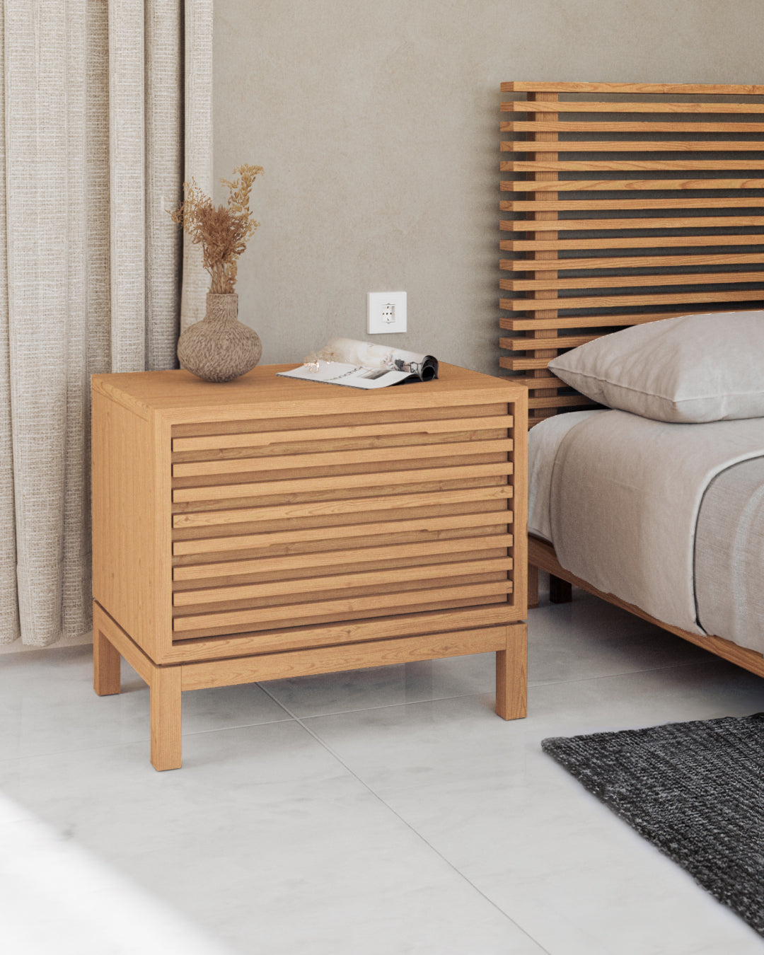 Tanner Nightstand with Two Drawers in Ash Wood, Linen