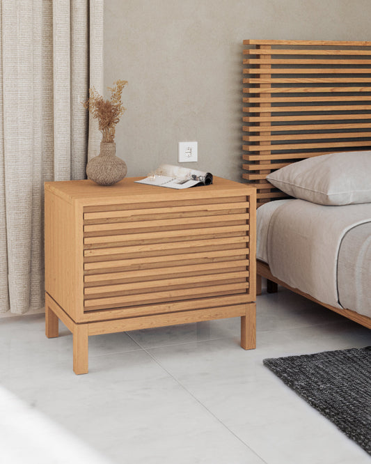 Tanner Nightstand with Two Drawers in Ash Wood, Linen